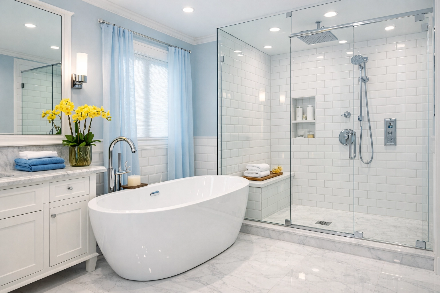 Spotless luxury master bathroom with a deep-cleaned soaking tub, a result of elite residential cleaning Massachusetts.