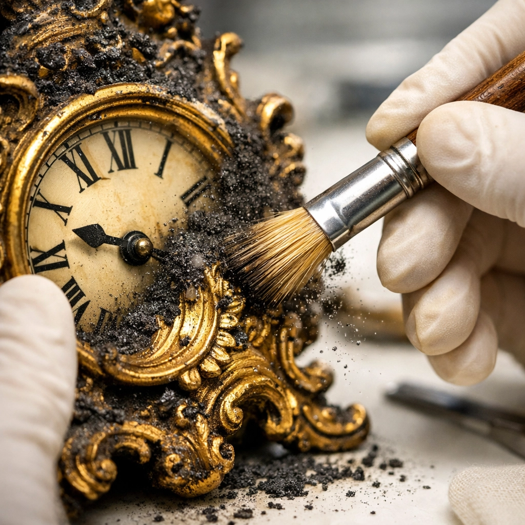 Expert cleaning soot from a vintage clock during the professional fire damage restoration process.