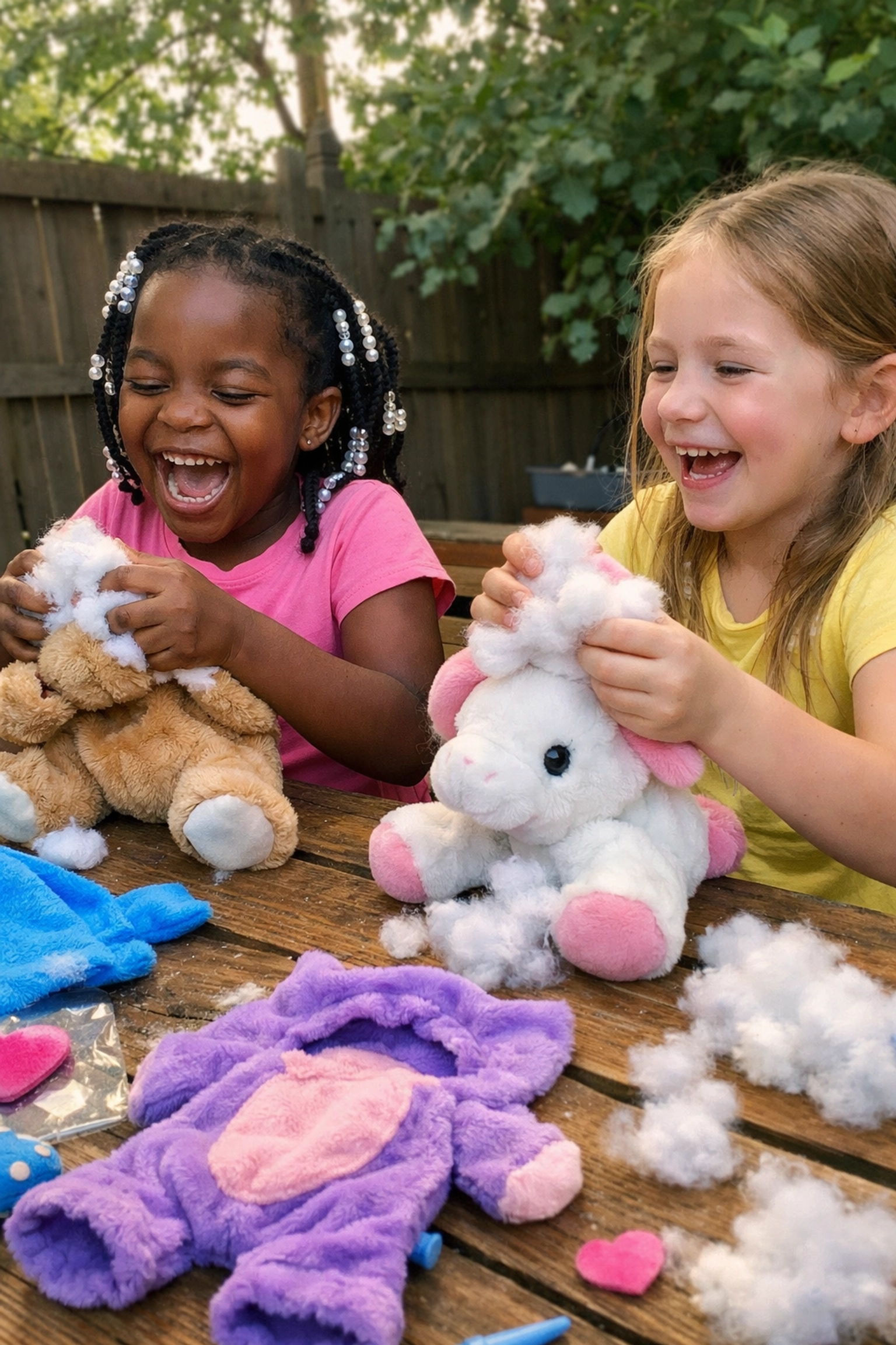 Young girls enjoying a Stuff-a-Plush activity at an affordable DIY party in the DMV.