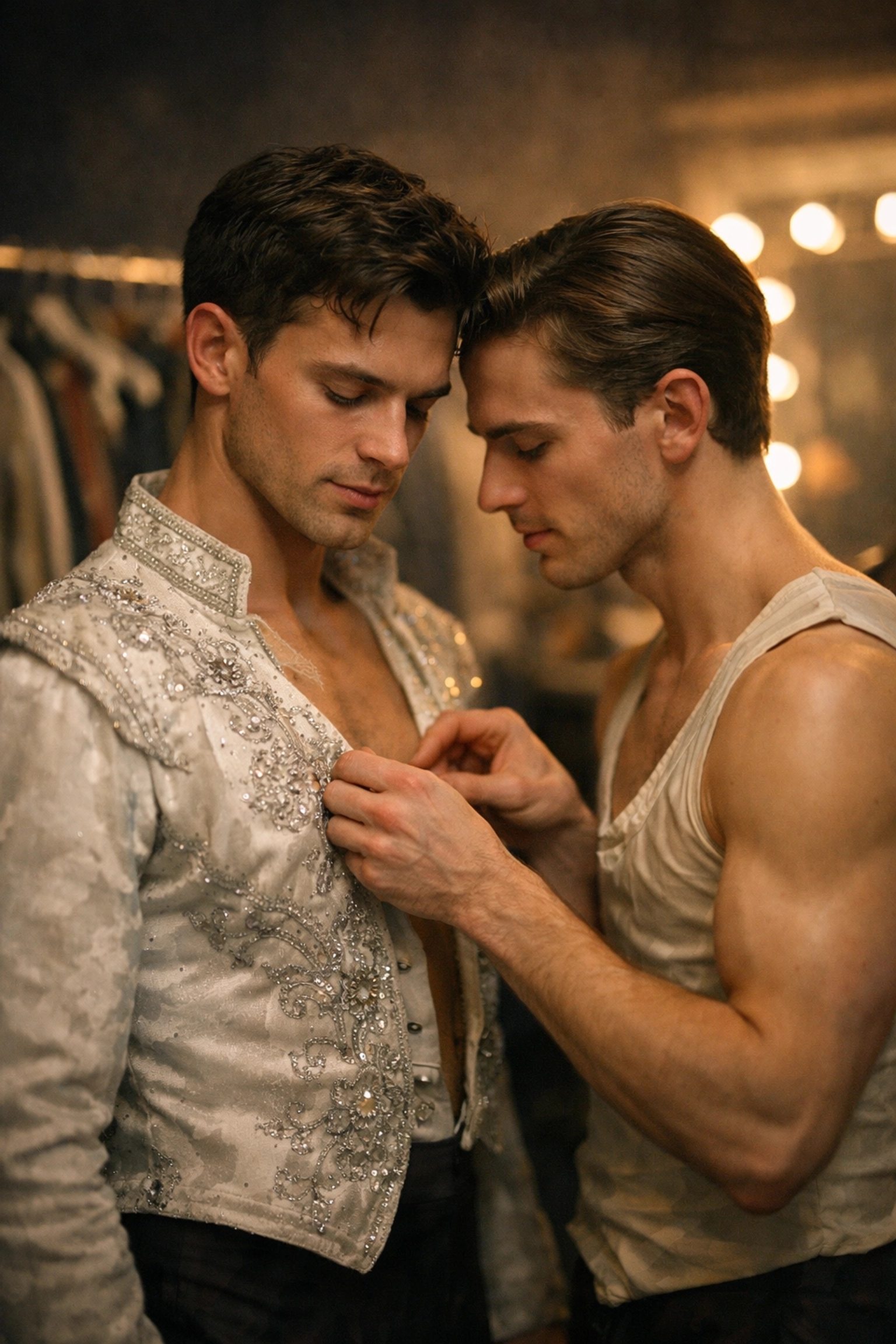 Male dancers sharing intimate backstage moment before performance - gay romance theater