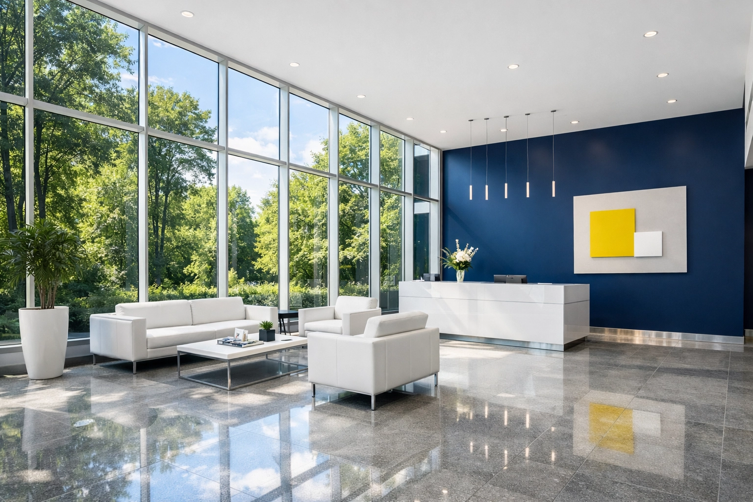 Modern office lobby in Beverly MA showcasing professional janitorial services and pristine stone flooring.