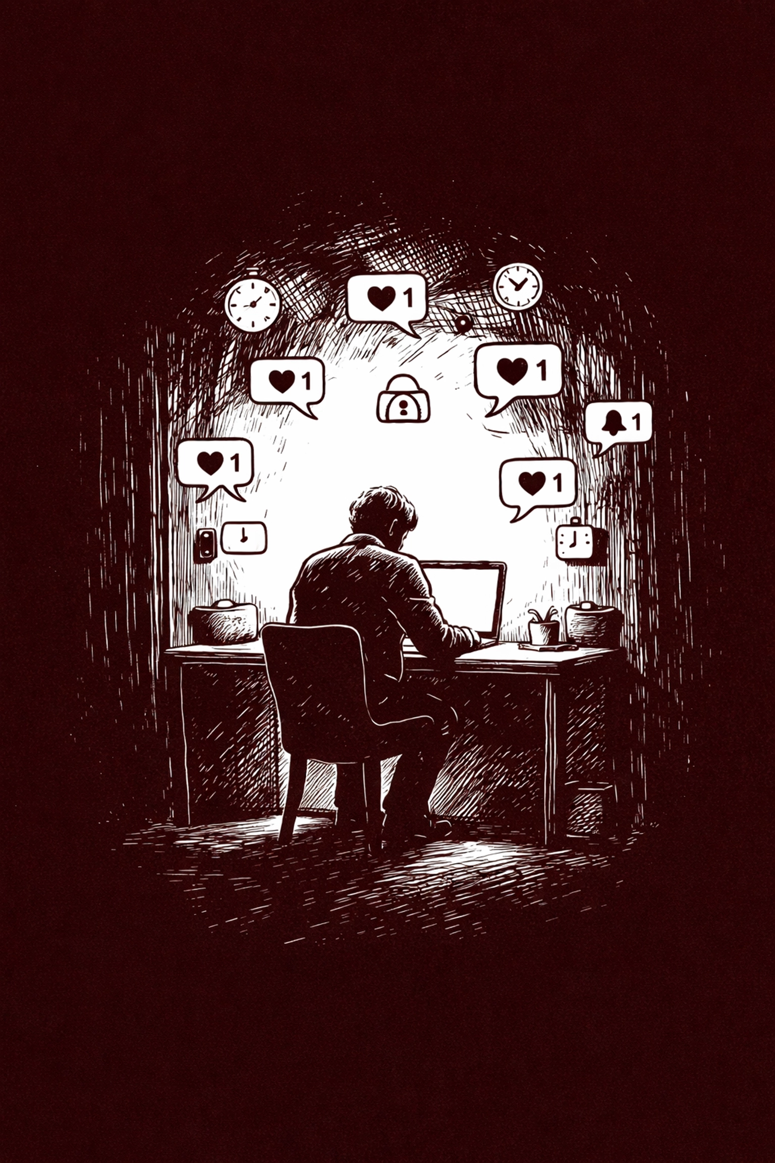 Sketch illustration showing a creator waiting at a laptop, symbolizing the struggle for creative recognition