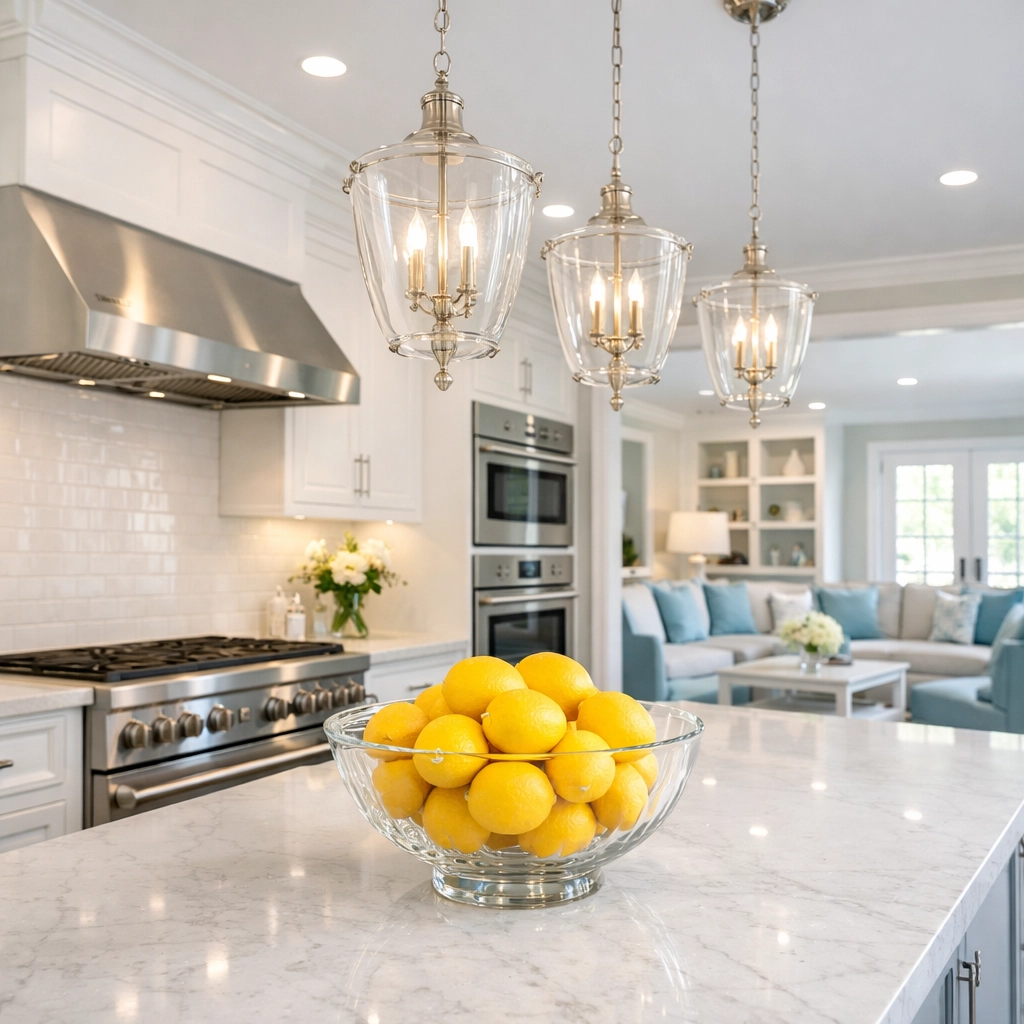 Gourmet kitchen with marble counters polished by luxury house cleaning in Southborough MA professionals.