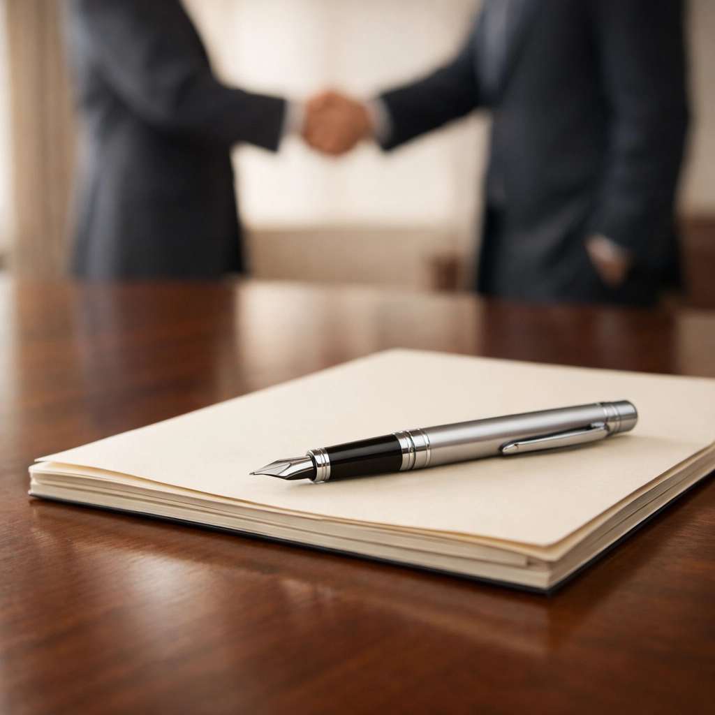 Fountain pen on a business sale contract folder as professionals shake hands at the final closing table.