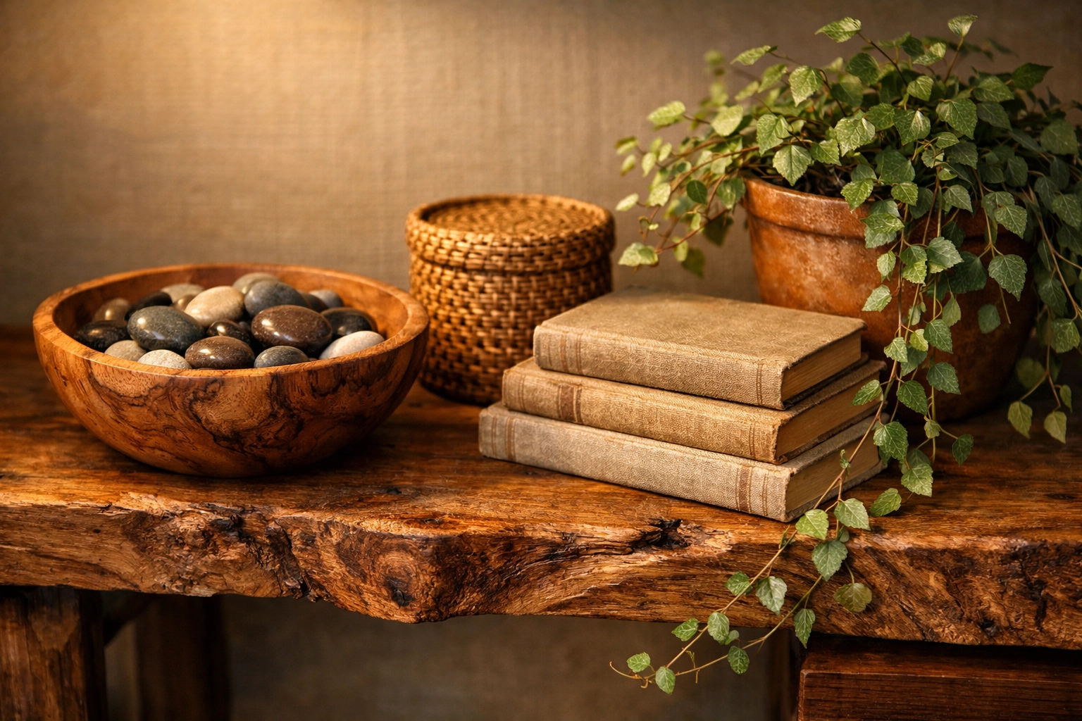 Curated tabletop with a handcrafted wooden bowl and rattan basket highlighting organic textures.