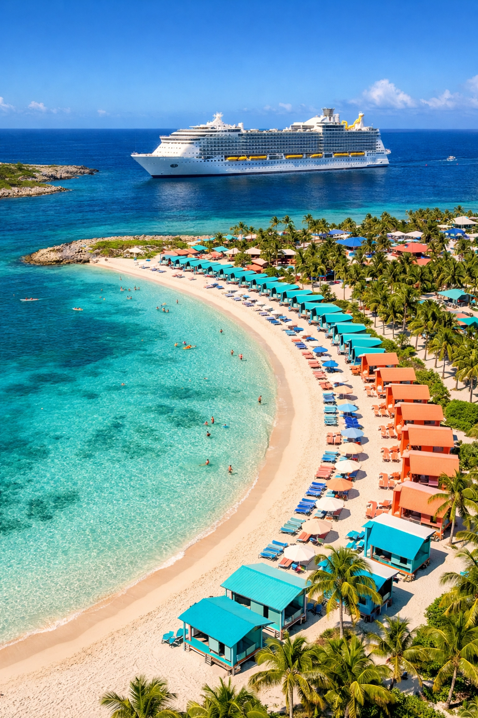 Cruise ship anchored at private island beach destination with colorful cabanas in the Bahamas