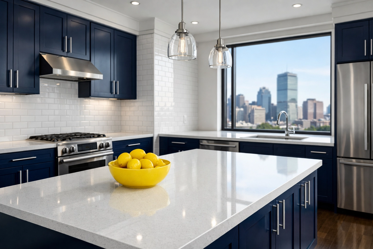 A spotless, modern kitchen in a Boston apartment turnover featuring clean navy cabinets and quartz countertops.