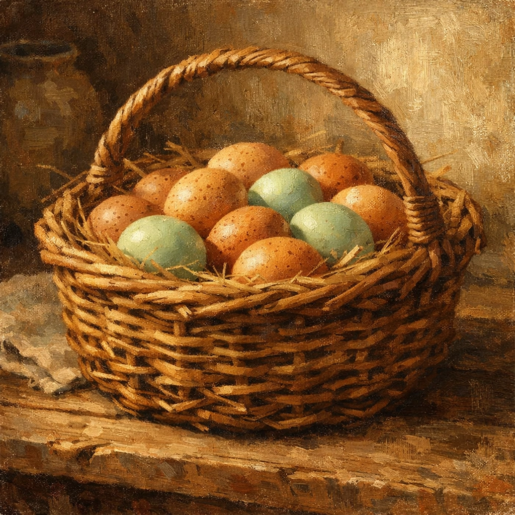 A rustic wicker basket filled with fresh brown and seafoam green eggs from Faithful Flock Farm.