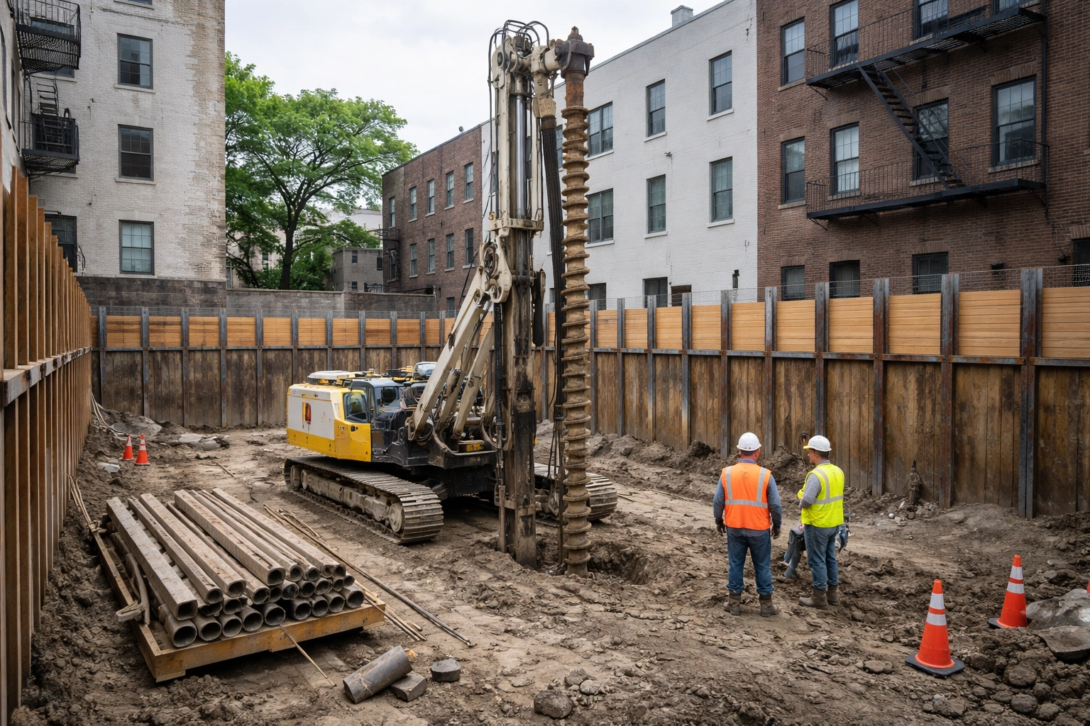 Excavator and Crew at Urban Redevelopment Site
