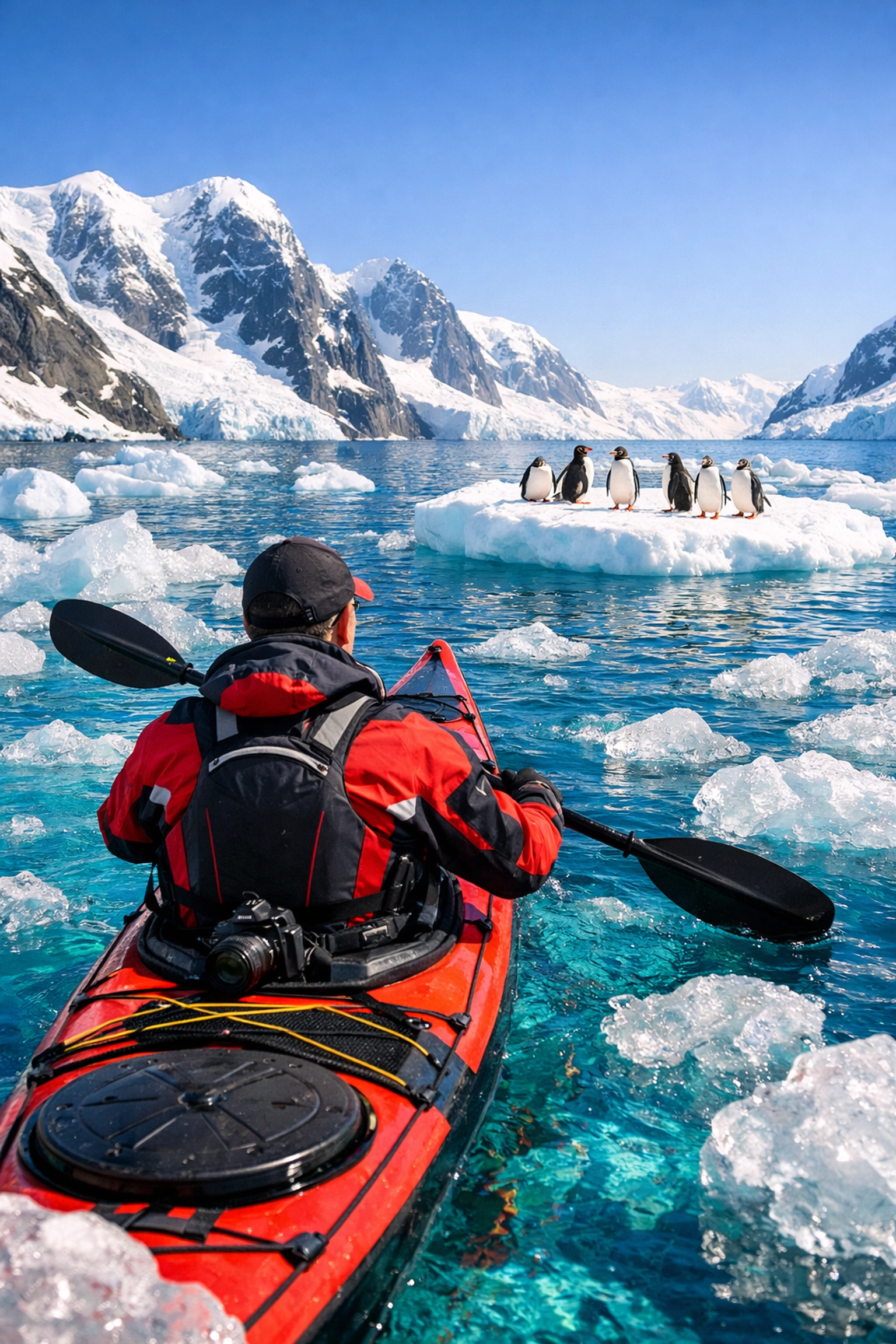 Adventure traveler kayaking past Gentoo penguins on ice floes in scenic Antarctica.
