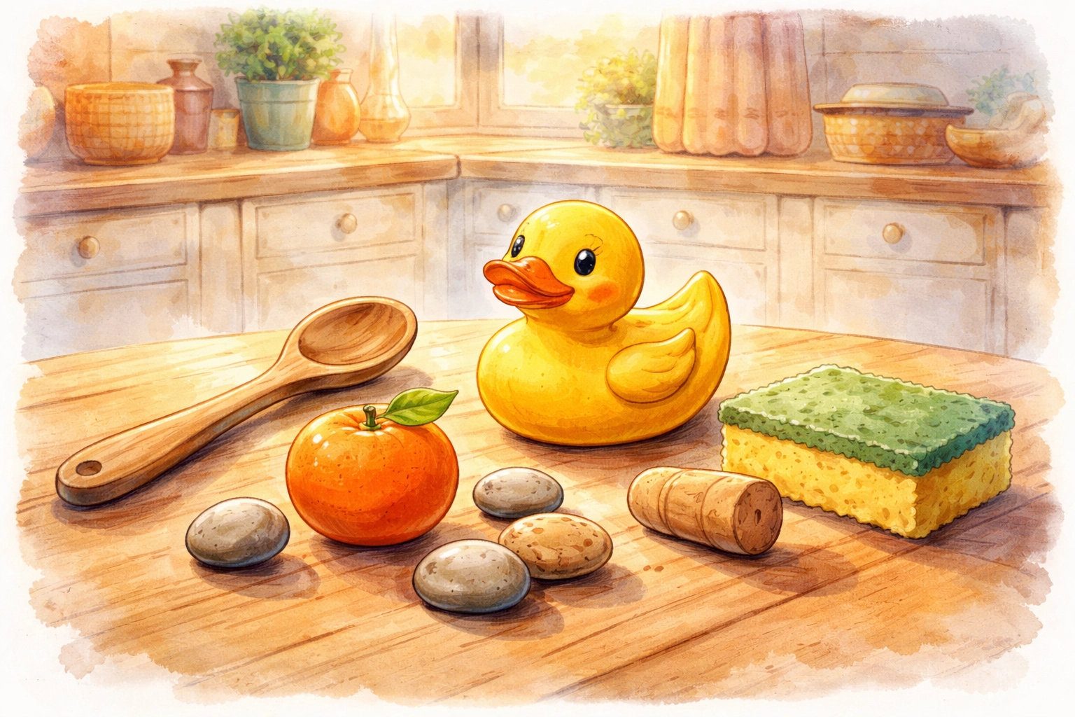 Household items like a rubber duck, spoon, rocks, and sponge set out for a toddler sink or float experiment