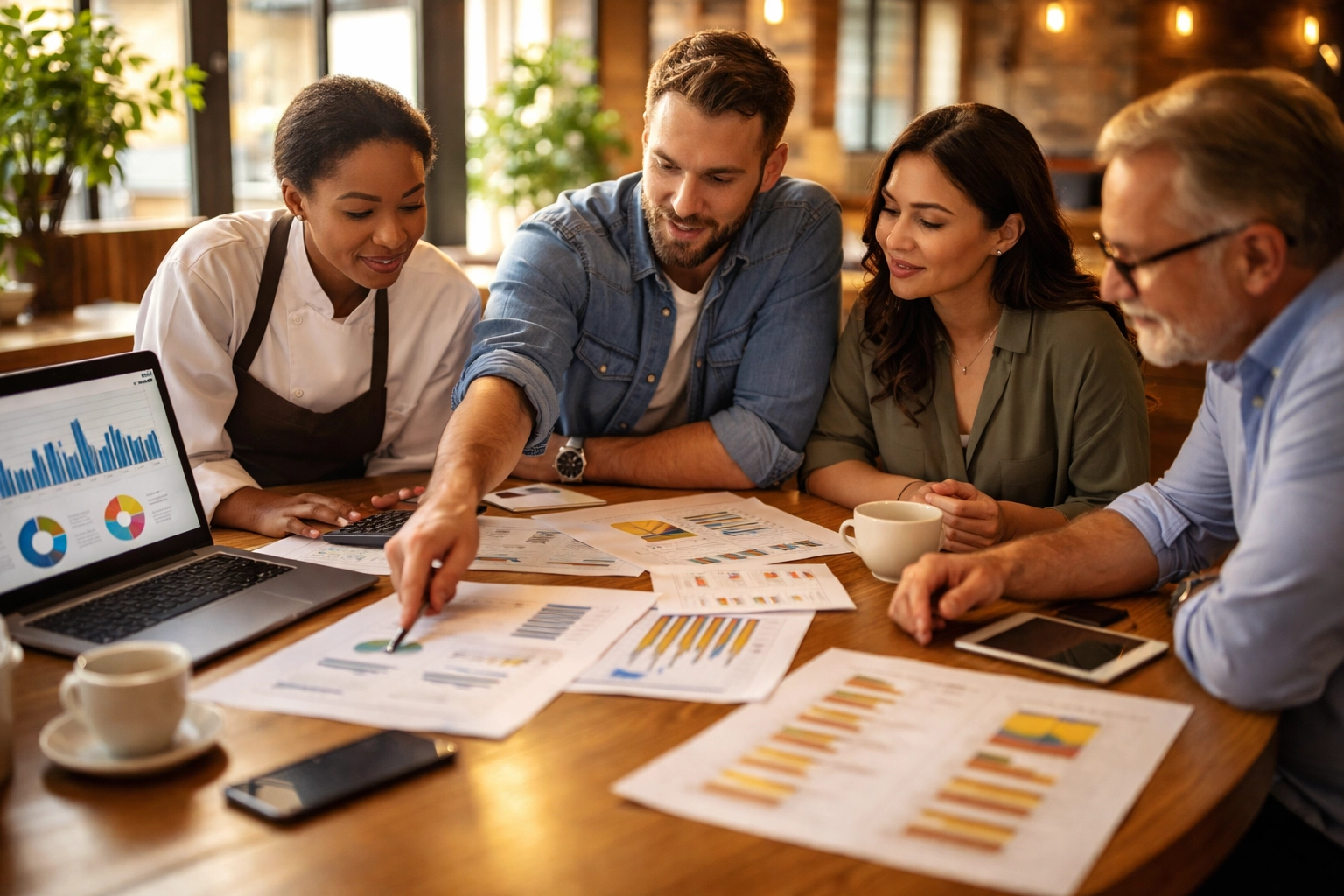 Restaurant consulting team analyzing financial reports and menu strategy during turnaround planning session
