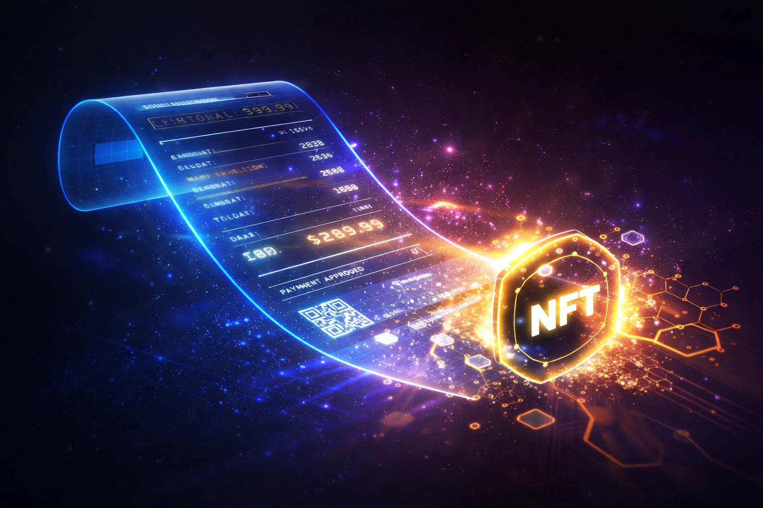 Futuristic NFT receipt displaying blockchain transaction data for small business crypto POS accounting