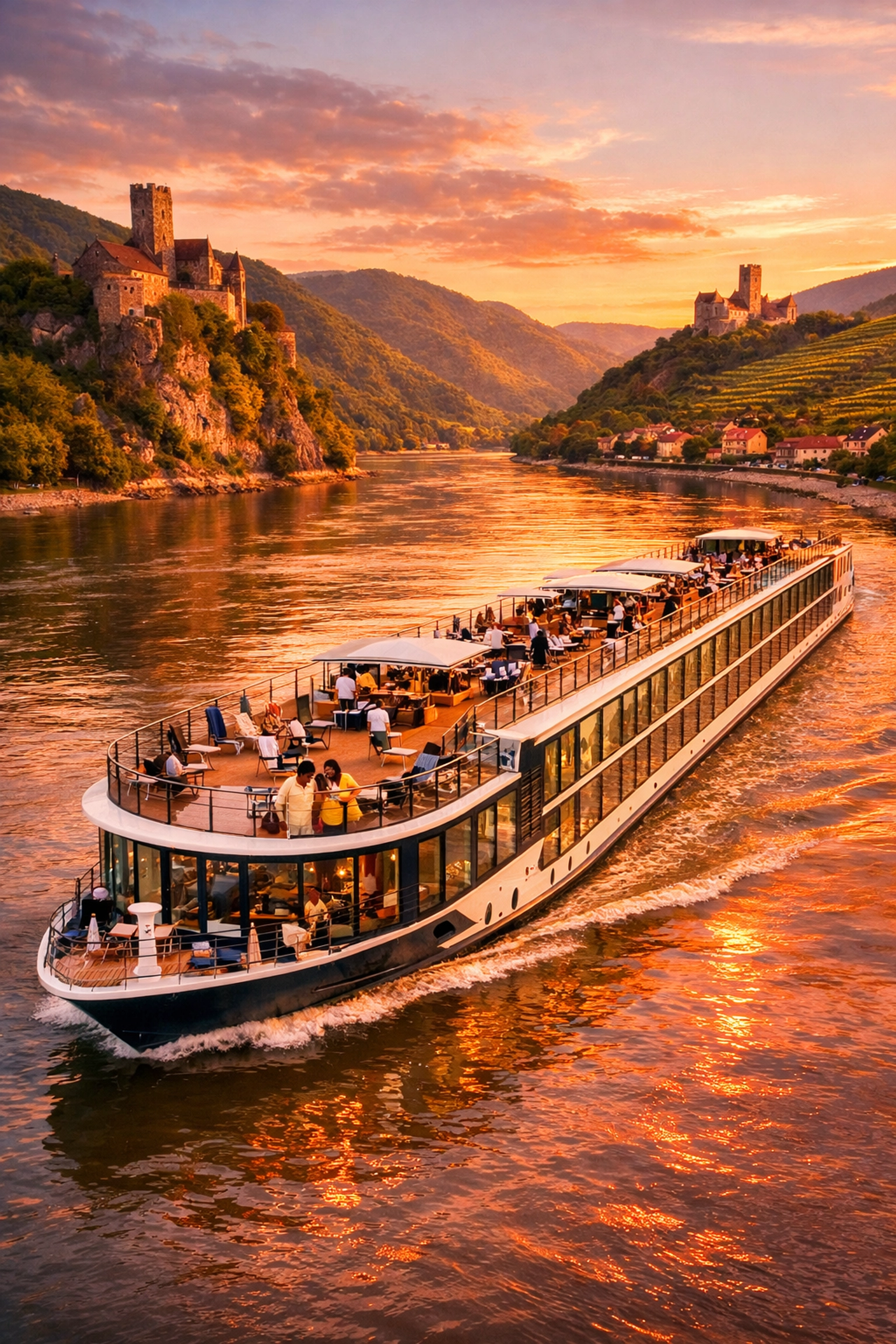 Modern river cruise ship sailing the Danube River past European vineyards and castles
