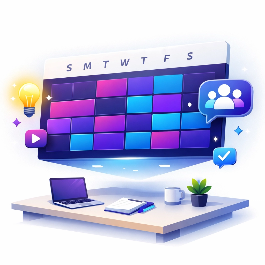 Digital content calendar illustration showing a consistent social media posting schedule for small business growth.