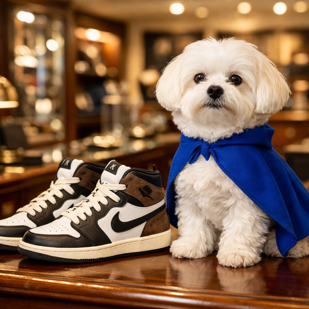 Daisy the expert Maltese in a blue cape providing sneaker authentication services in a professional pawn shop.