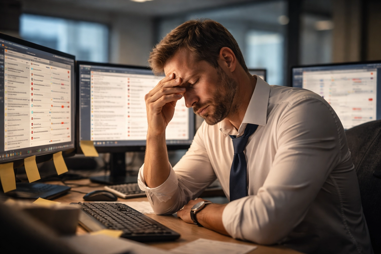 Overwhelmed MSP technician surrounded by support tickets symbolizing reactive IT support struggles