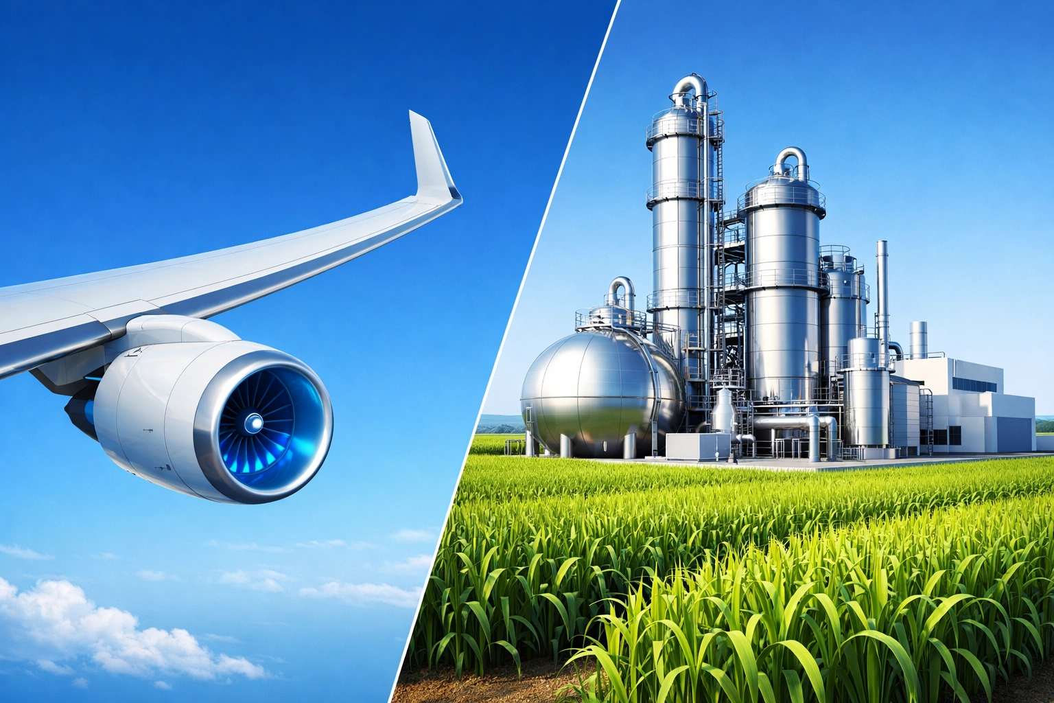 Biorefinery and sustainable aviation fuel wing representing clean fuel production credit pathways under Section 45Z