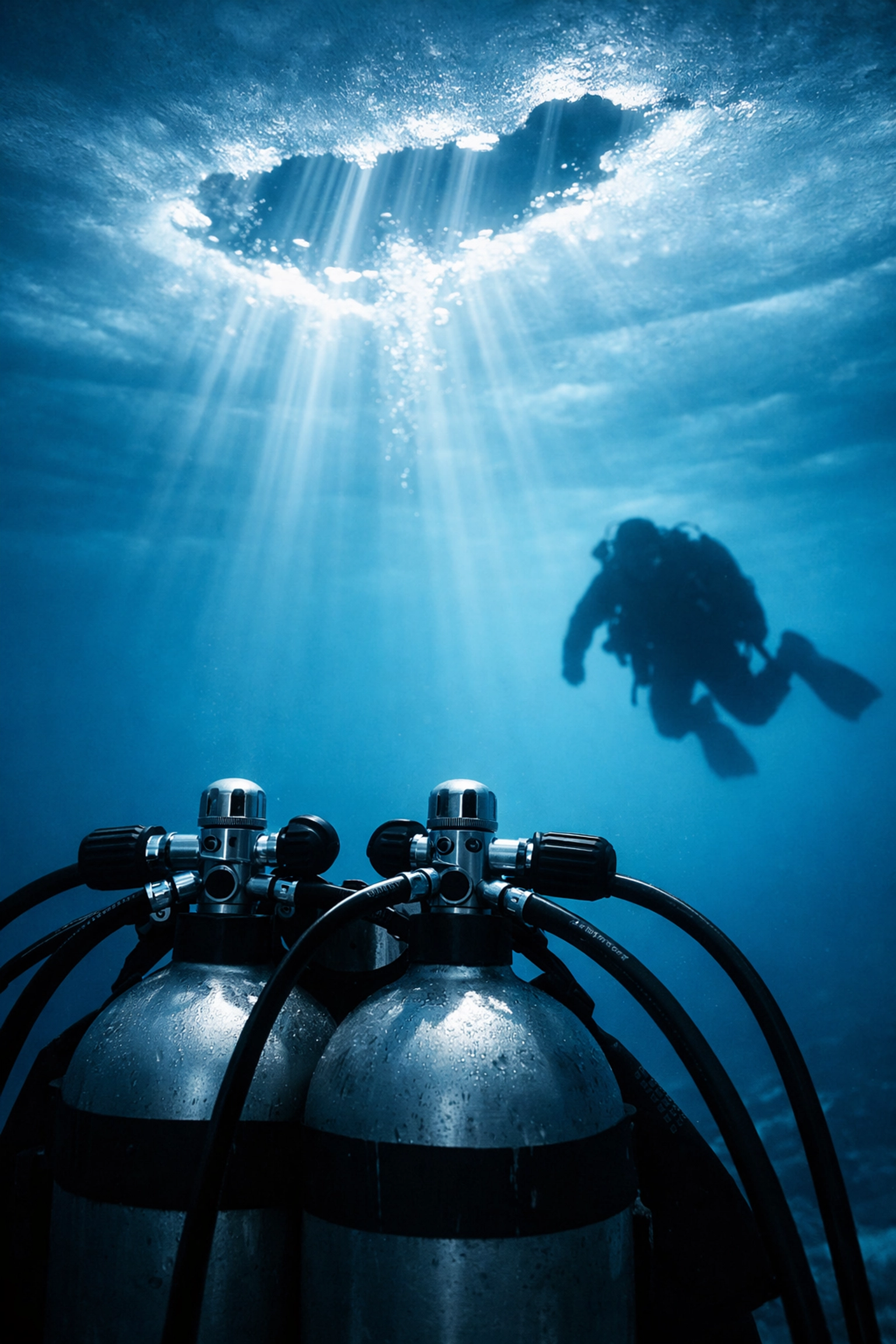Taucher im Eiswasser mit zwei unabhängigen ersten Stufen und Doppelventil für maximale Sicherheit.