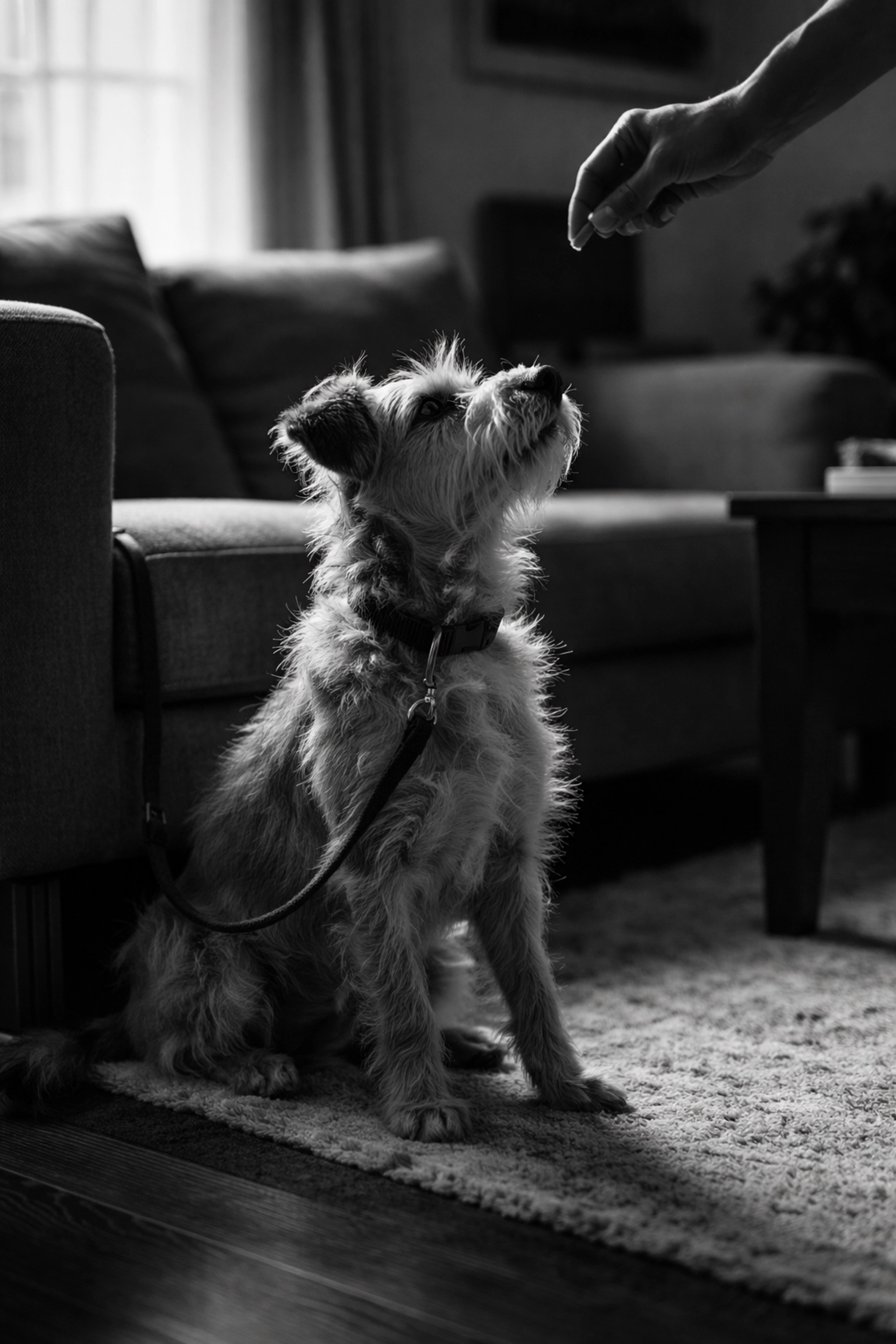 New foster dog on leash building trust with foster parent during adjustment period