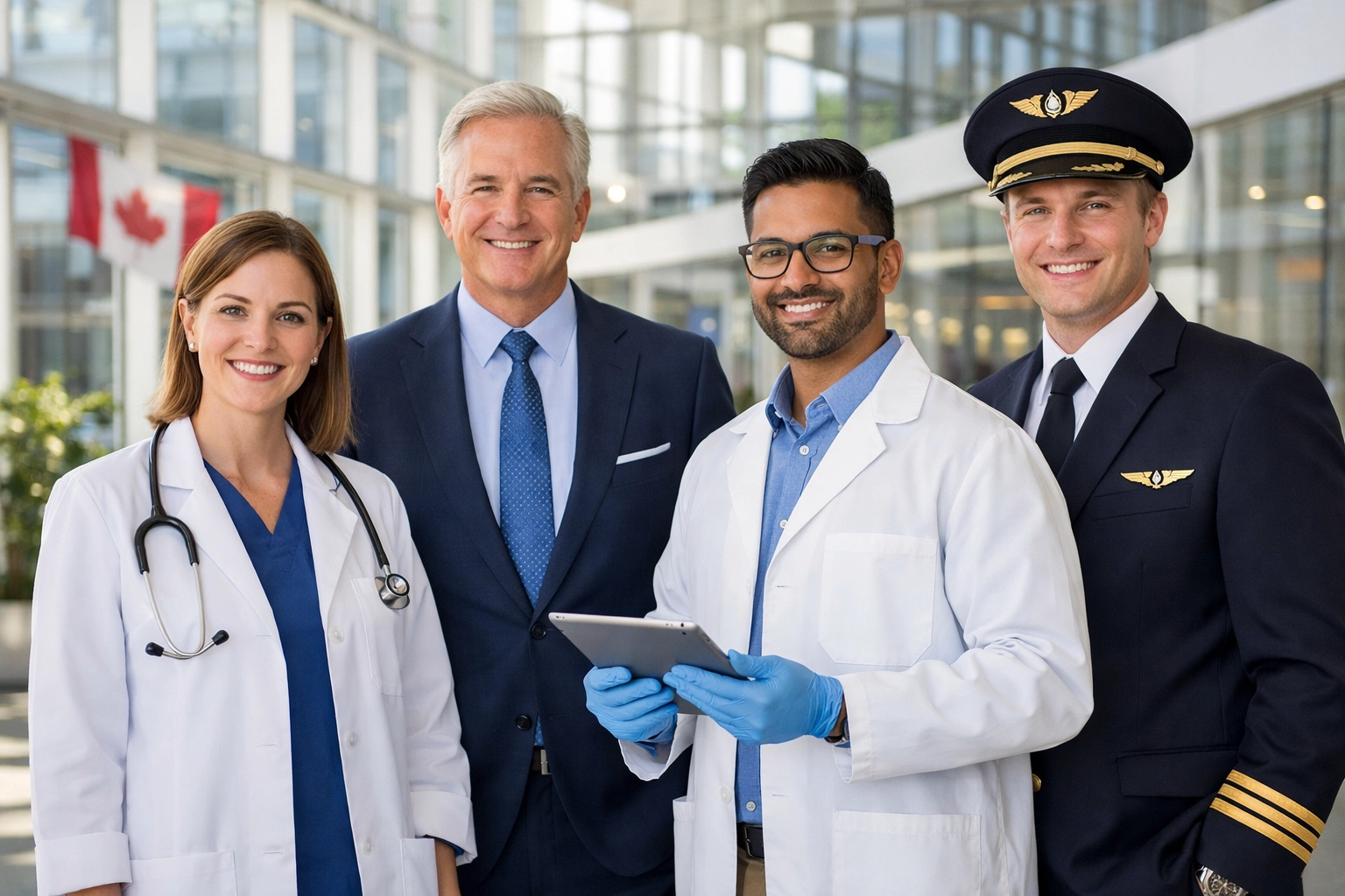 Healthcare and transport professionals representing 2026 Express Entry priority occupation categories.