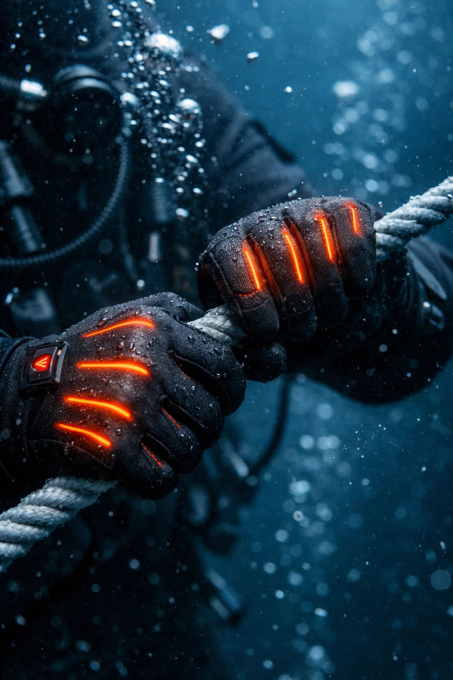 Beheizte Tauchhandschuhe unter Wasser halten die Hände bei langen Tauchgängen warm