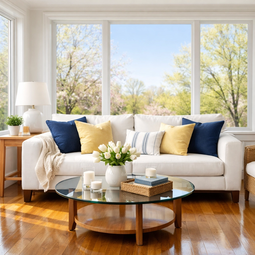 Bright and spotless modern Massachusetts living room after a professional deep cleaning MA service.