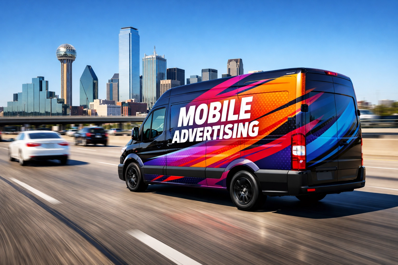 Wrapped commercial van driving on a Dallas highway providing high-impact mobile advertising.