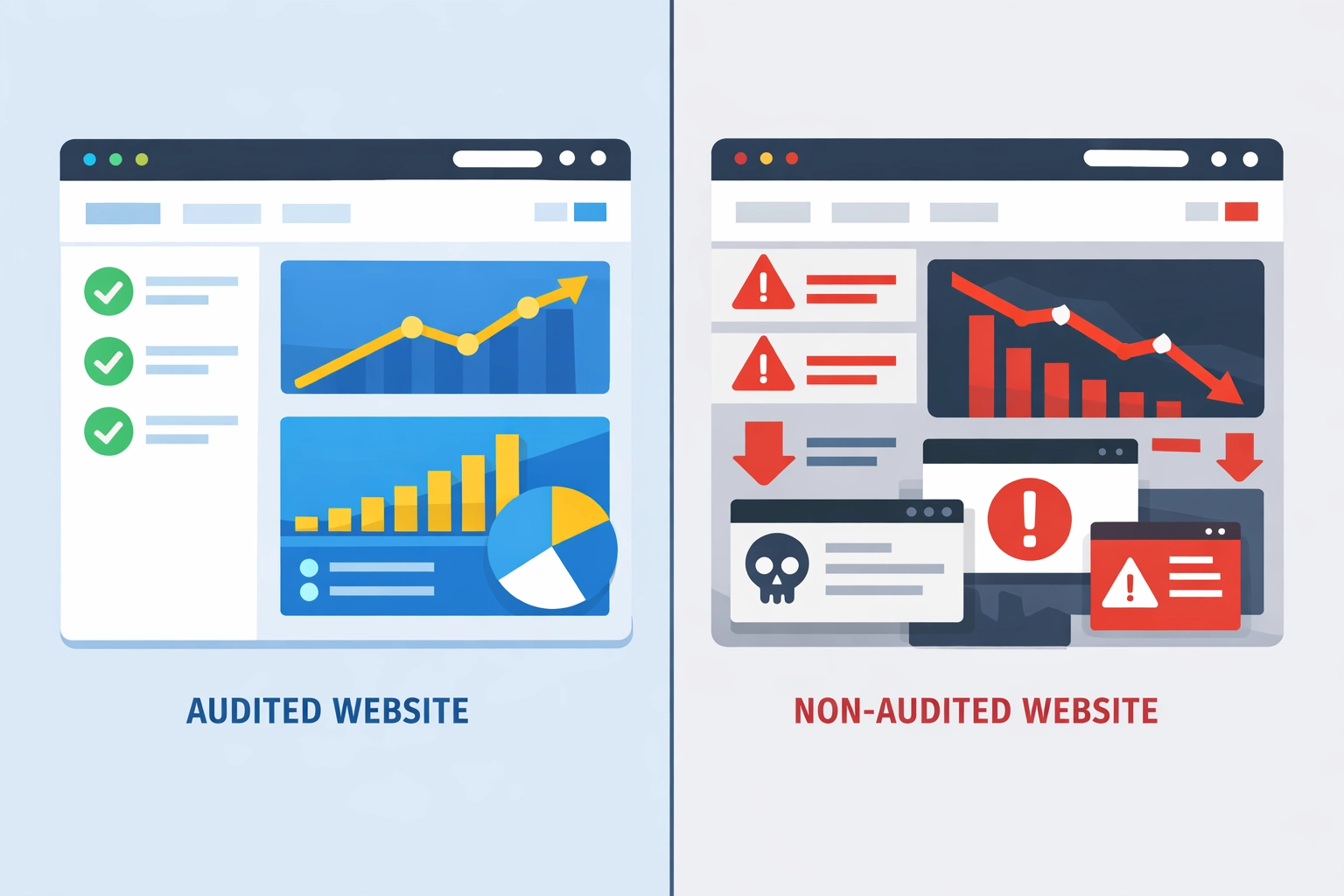 Website audit comparison showing optimized site with positive metrics versus unaudited site with errors