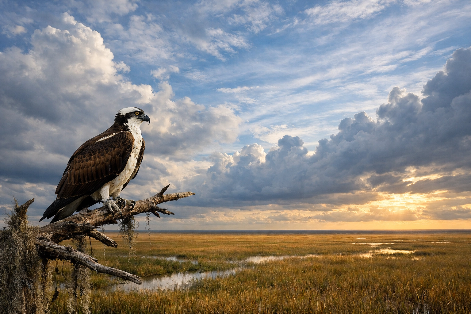 Osprey perched on a cypress branch overlooking the Everglades River of Grass, one of the best photography locations.