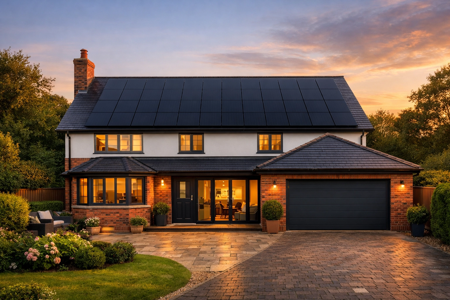 Modern UK detached house featuring a seamless installation of premium all-black solar panels.