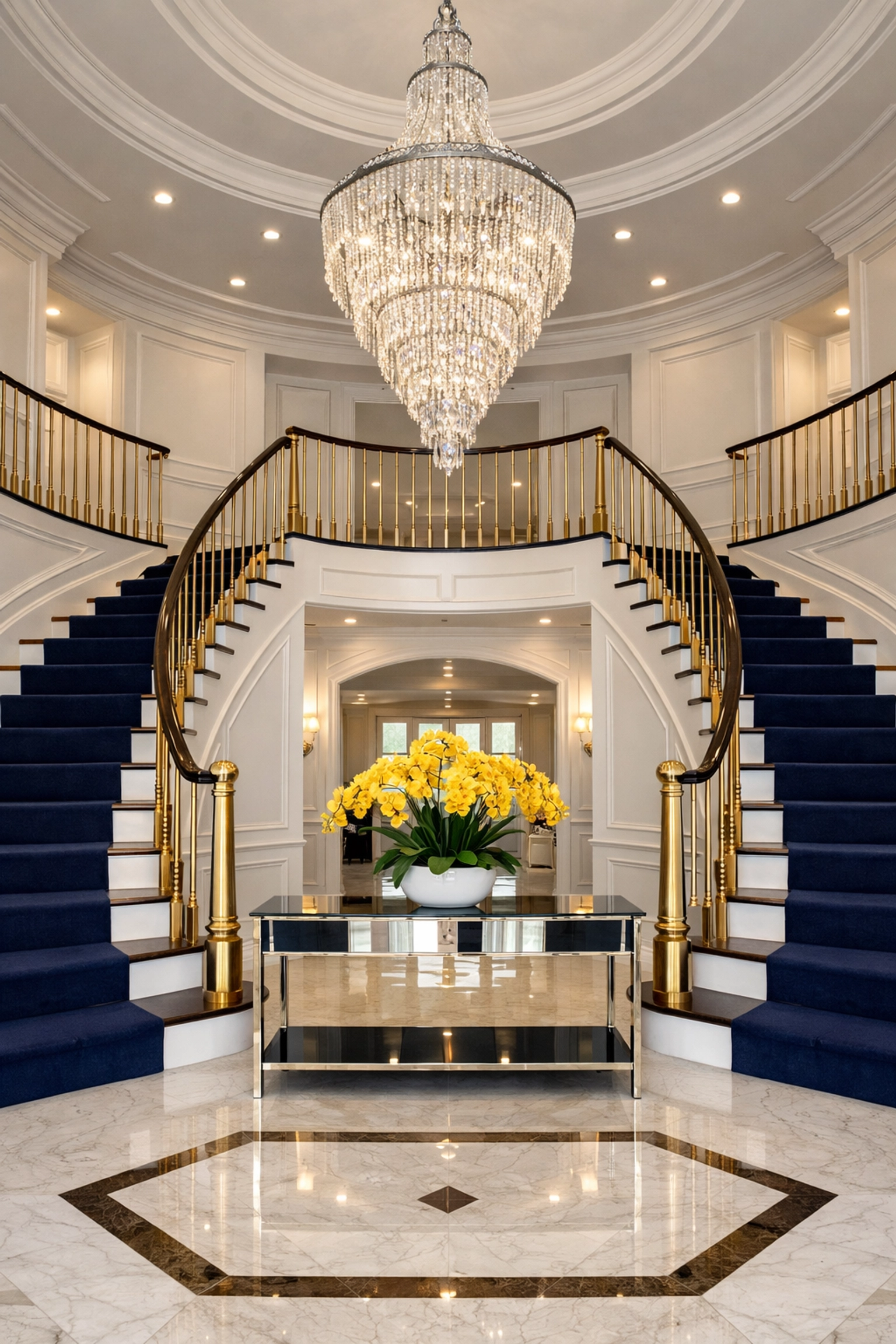 Stunning Dover foyer and grand staircase maintained by the best residential cleaning Massachusetts service.