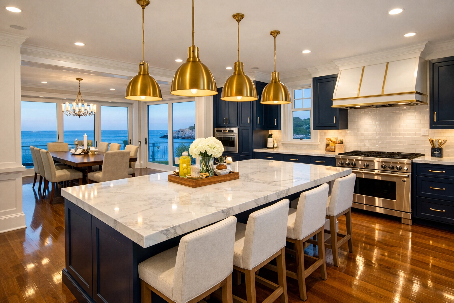Sparkling clean luxury kitchen in a Marblehead estate with navy cabinets and views of the Atlantic Ocean.