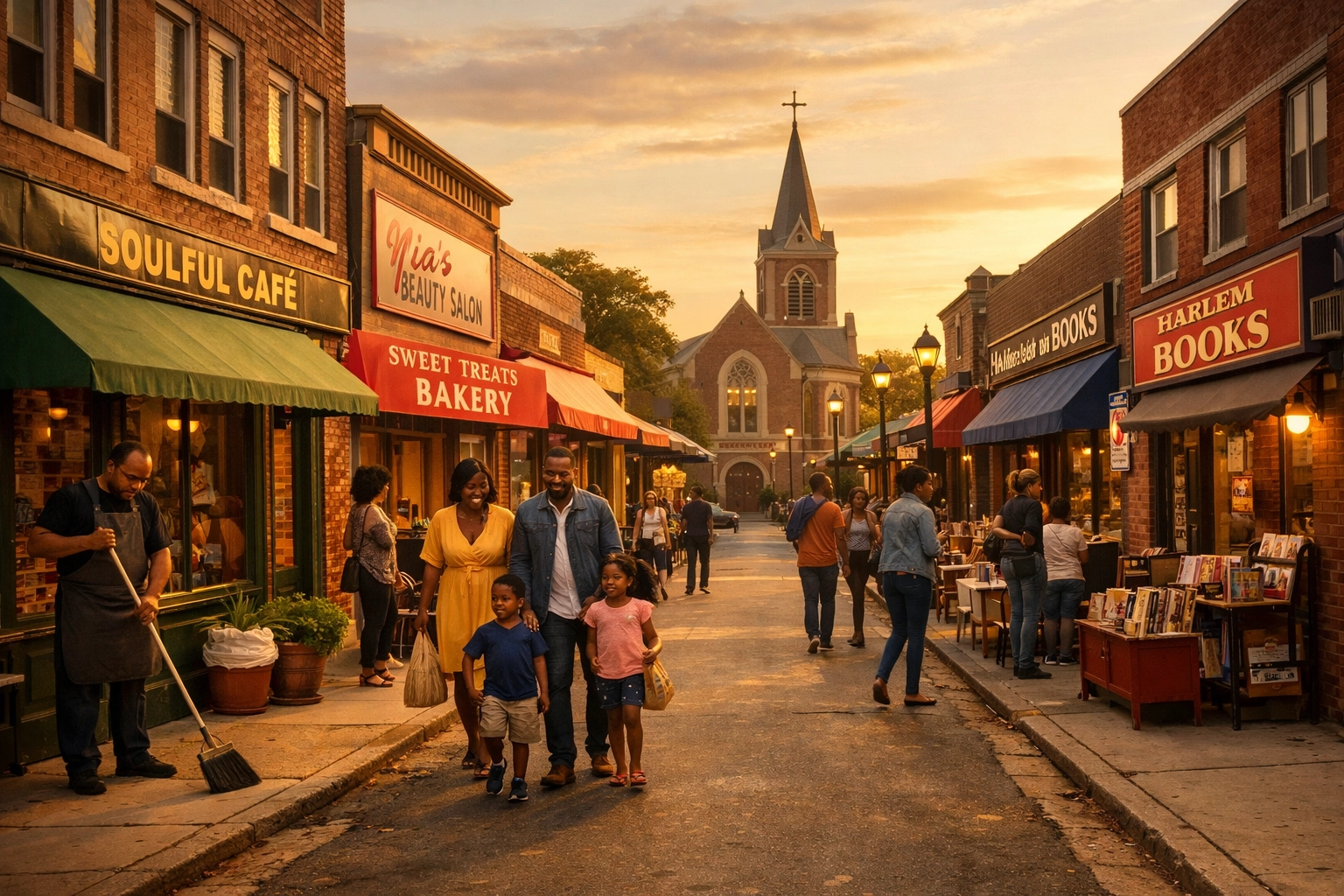 Thriving neighborhood block with Black-owned businesses and church building