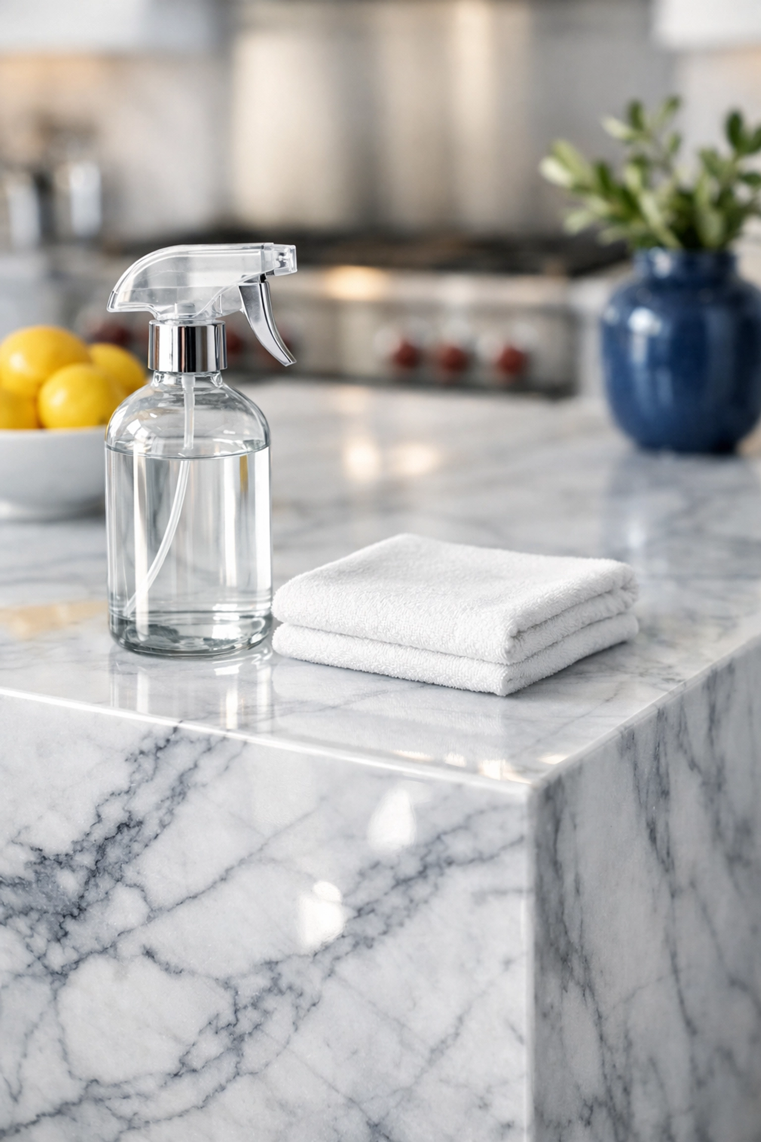 Eco-friendly cleaning spray and cloth on a polished marble kitchen island in Carlisle.