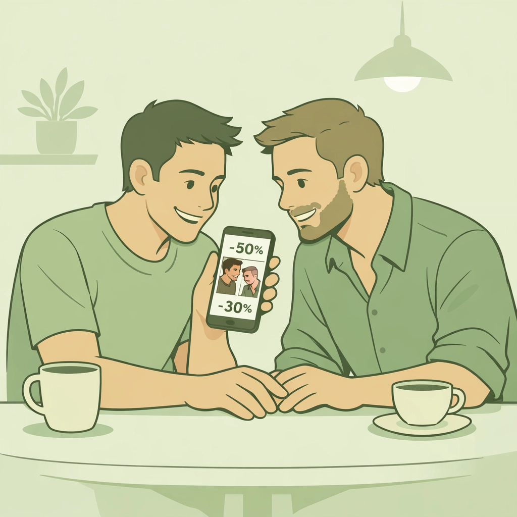 Gay couple discovering LGBTQ+ ebook discounts and bundle deals at café table