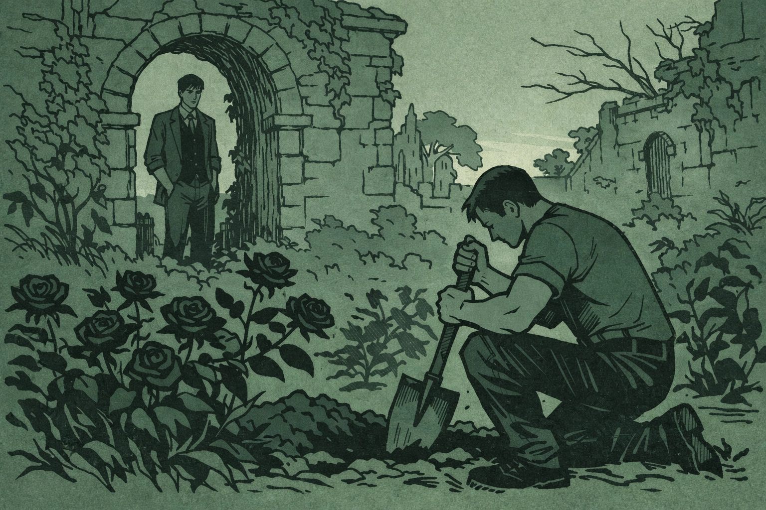 Gothic MM thriller: groundskeeper with shovel in garden with dark rosebushes hiding deadly secrets