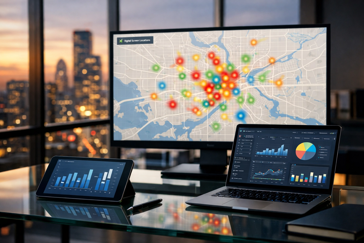 Data-driven media planning workspace showing location intelligence heat maps for programmatic DOOH campaigns.