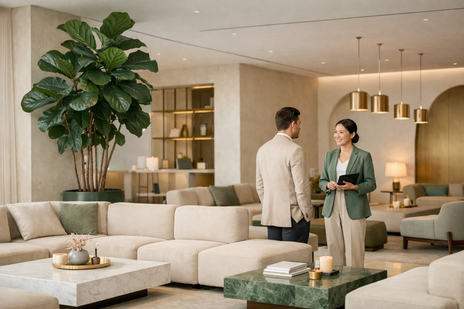 Hotel staff using a mobile tablet to assist guests in a modern, deskless lobby lounge and reception area.