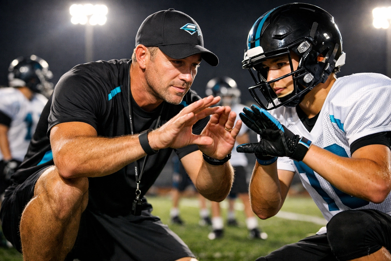 Coach teaching proper catching technique to youth football player during 7v7 training session