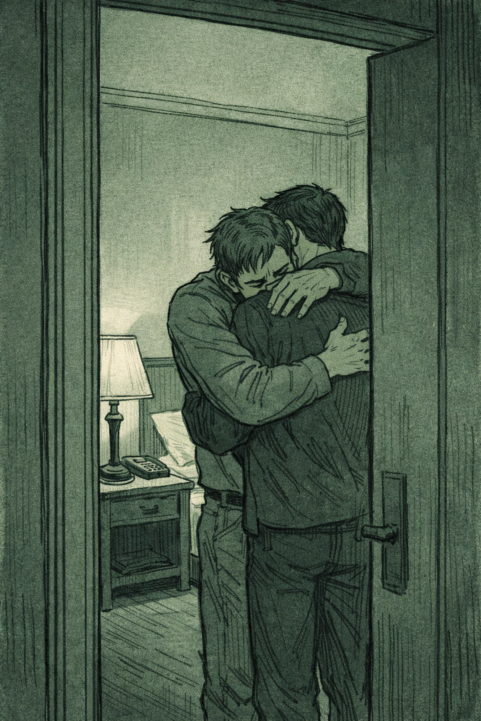 Two men embracing in hotel room showing intimate moment and authentic bisexual connection