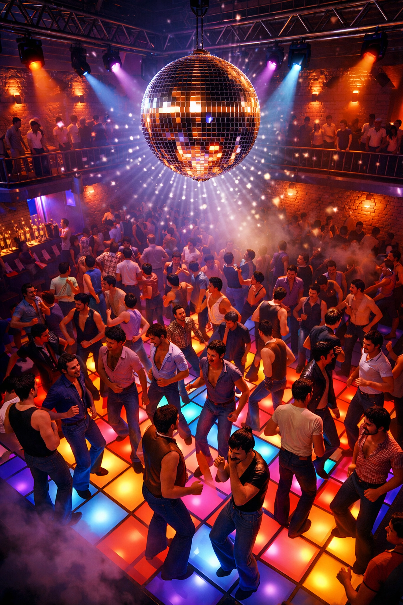 1970s gay disco club interior packed with dancers under mirror ball