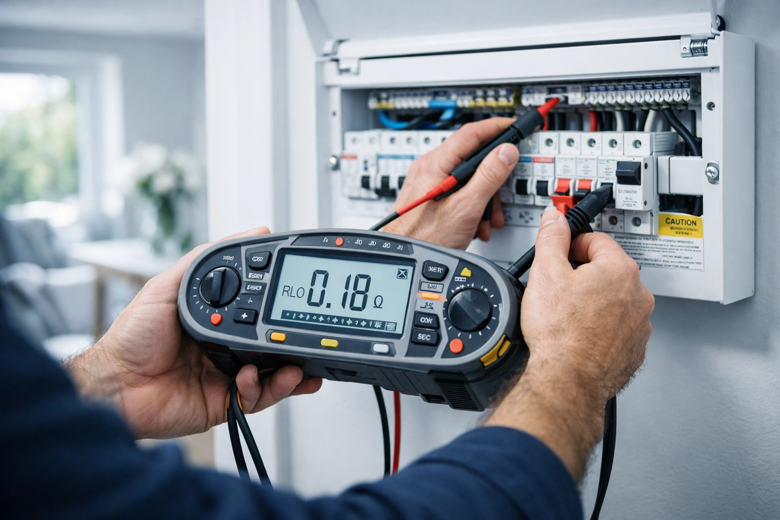 Qualified electrician testing a consumer unit for an EICR inspection at a Dorset residential property.