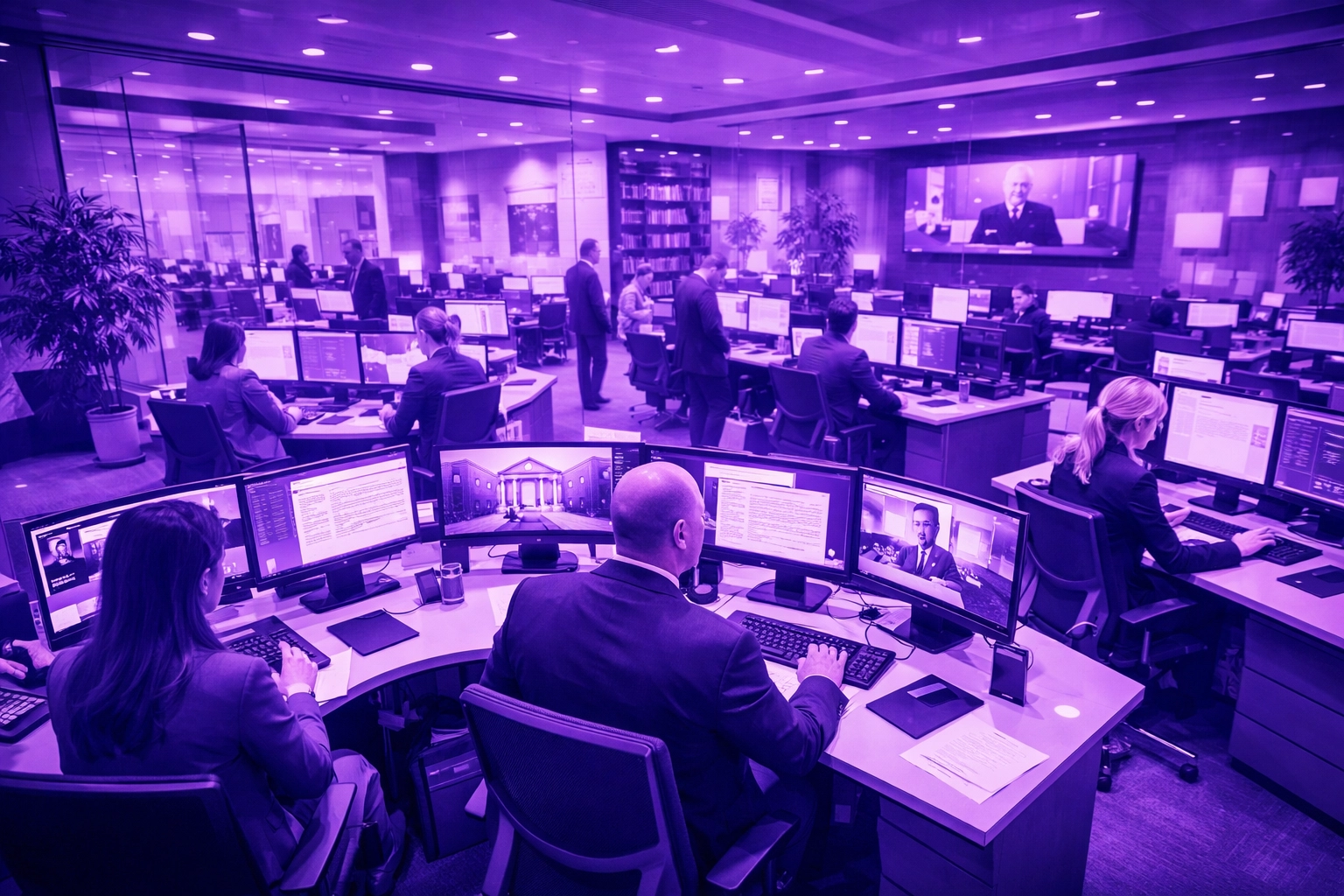 Modern high-tech law firm office showing professionals utilizing efficient AI automation workflows.