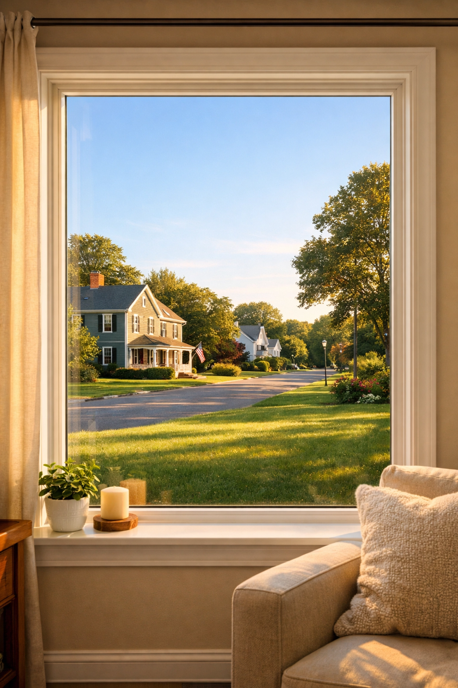 Perfectly clean windows and peaceful home interior after professional house cleaning in Mansfield.