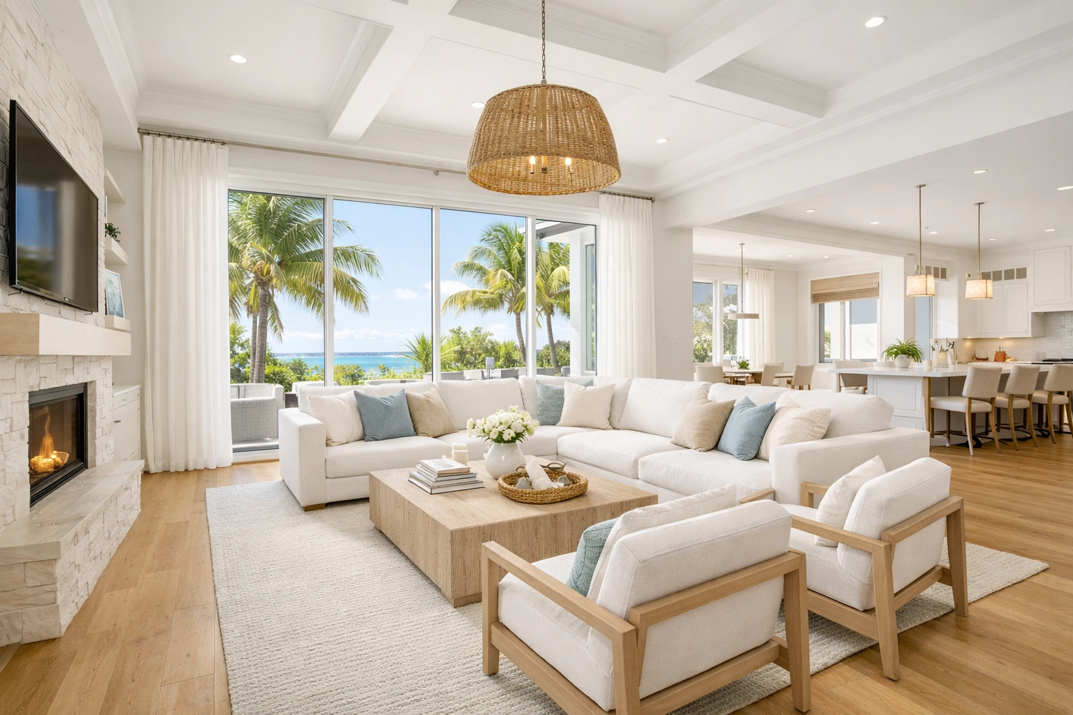 Bright, modern Florida living room with natural light and palm tree views, showcasing a move-in ready listing.