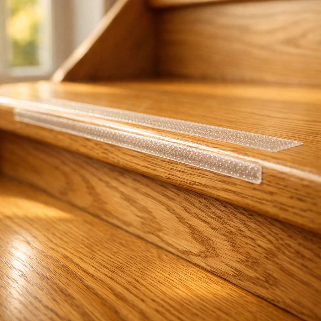 Transparent anti-slip safety strips applied to the edge of polished wooden stairs for fall prevention.