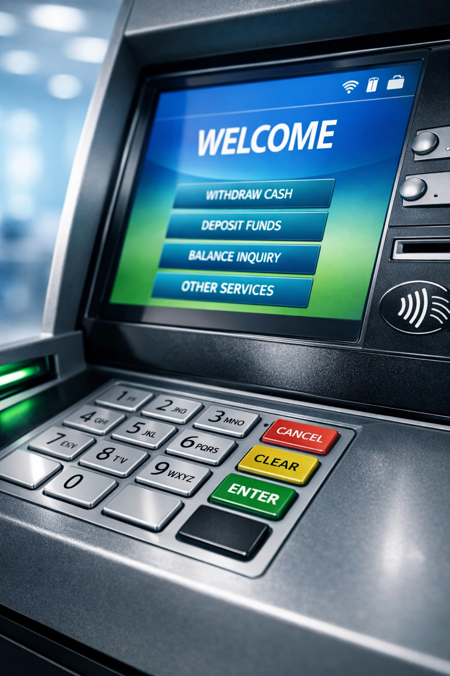 Close-up of a disinfected ATM keypad and screen in a Springfield financial institution.