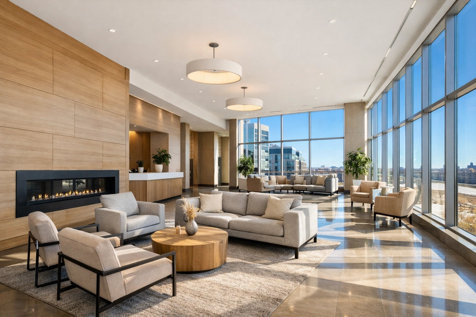 Sun-drenched modern Saskatoon condo lobby featuring clean finishes and professional building management.