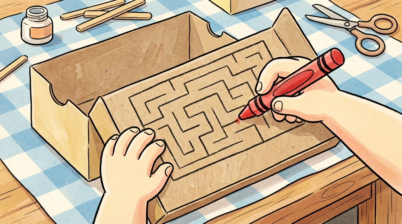 Child designing a DIY marble maze with crayons and a shoebox lid at a kitchen table